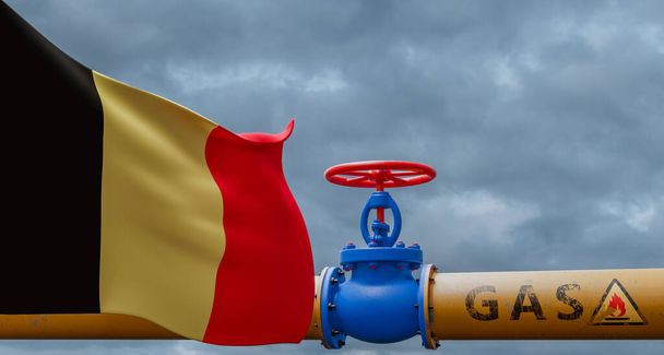 Belgium gas, valve on the main gas pipeline Belgium, Pipeline with flag Belgium, Pipes of gas from Belgium, 3D work and 3D image - Foto, Bild