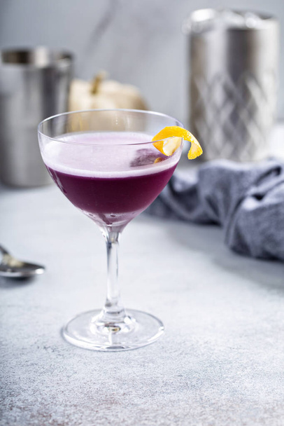 Fall purple gin sour cocktail with lemon rind, violet or purple rain - Foto, Imagen