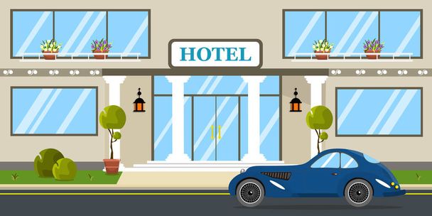 Vector illustration of a beautiful hotel. Cartoon urban buildings with parked expensive cars, decorated with flower pots. - Διάνυσμα, εικόνα