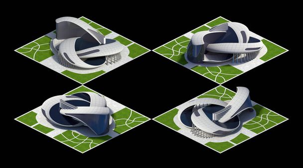 Футуристическая архитектура для игры с квадратной сеткой, выполненная в диметрической проекции со всех 4-х углов. Путь обрезки включен в трехмерную иллюстрацию. - Фото, изображение