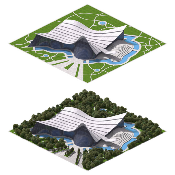 Futuristic architecture for a tiled game rendered in dimetric projection with a 30 degree orthographic camera, with and without landscape. The clipping path is included in the 3D illustration. - Φωτογραφία, εικόνα