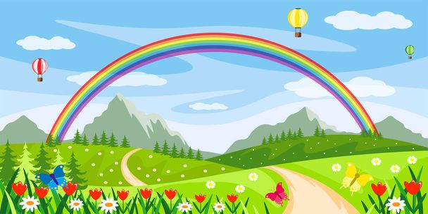 Vector illustration of a beautiful summer rainbow. Cartoon forest landscape with rainbow, fields, forests, mountains, flowers, butterflies, balloons. - Vektori, kuva