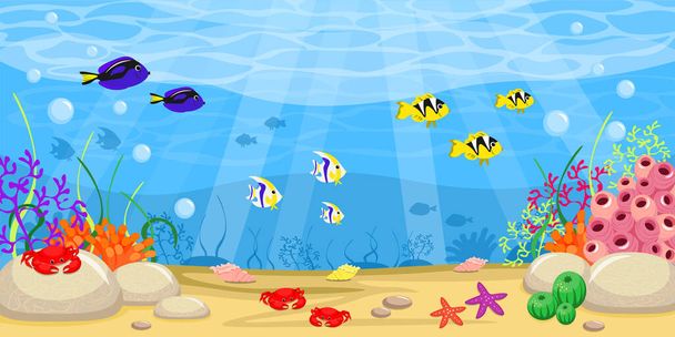 Vector illustration of a beautiful summer seabed. Cartoon sea landscape with fishes, crabs, corals, algae, starfish, shells. - Vektor, kép