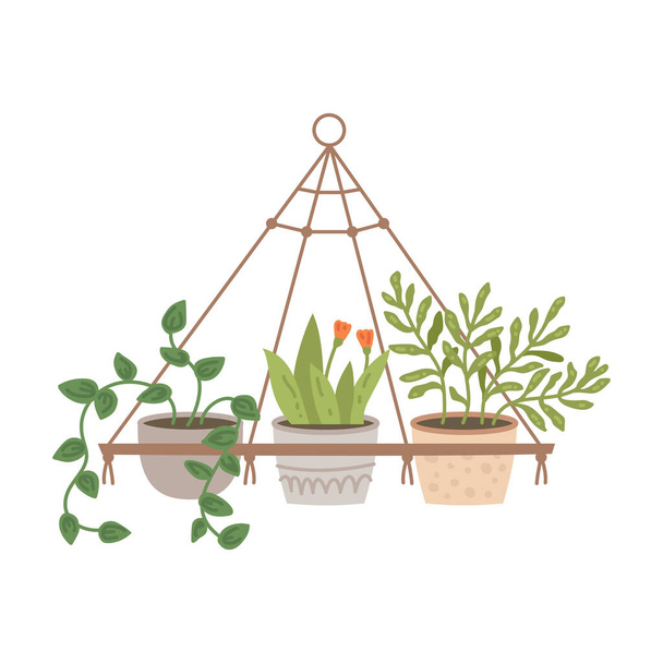Plant in hanging pot. Houseplant hang on rope, decorative indoor plant, macrame flower pot, home potted plant vector illustration icon. Flower in pot on stand. Home jungle - ベクター画像