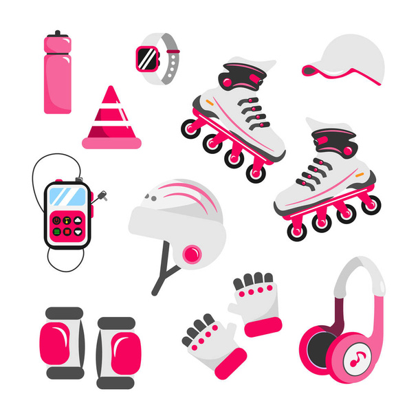 Set van apparatuur voor rolschaatsen in cartoon stijl. Vector illustratie van rolschaatsen, helm, handschoenen, pet, hoofdtelefoon, speler, elektronisch horloge, knie pads, kegel, fles op witte achtergrond. - Vector, afbeelding