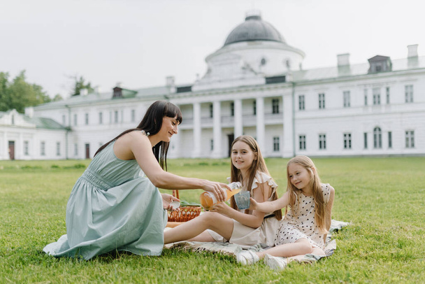 A mother and two little daughters are sitting on the grass in a beautiful park on a picnic. Mother pours juice to her daughter. High quality photo - Fotografie, Obrázek