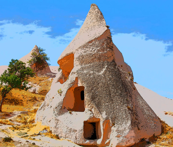 Rzeźbiona przez wiatr i wodę, miękka skała wulkaniczna Cappadocia Goreme Turcja została wydrążona dla mieszkań. - Zdjęcie, obraz