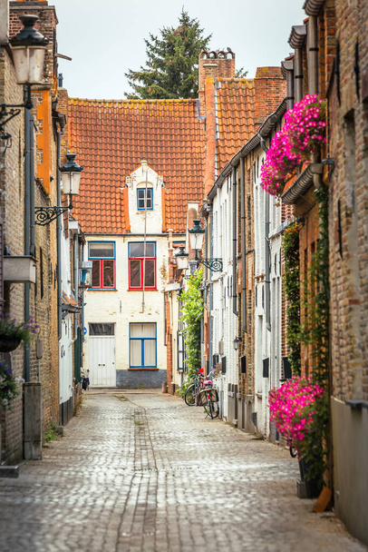 Street corner in beautiful Bruges with flowers, flemish architecture, Belgium - Foto, imagen