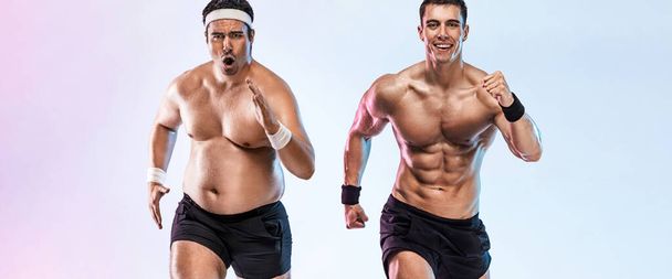 A very fat man jogging to lose weight and become a slim athlete. Running sport man. Awesome Before and After Weight Loss fitness Transformation. Fat to fit concept - Foto, Bild
