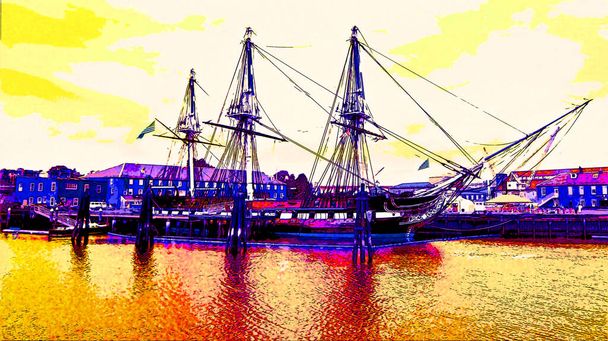 BOSTON MA USA 12 10 2005: Boston Tea Party Ships and Museum is an educational, entertaining and enlightening adventure sign illustration pop-art background icon with color spots - 写真・画像