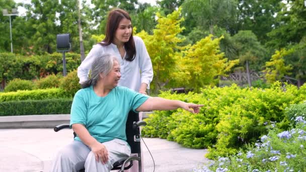 Aziatische zorgverlener of verpleegkundige die in een rolstoel voor de patiënt zorgt. Concept van gelukkig pensioen met zorg van een zorgverlener en spaargeld en senior ziektekostenverzekering, een gelukkig gezin - Video