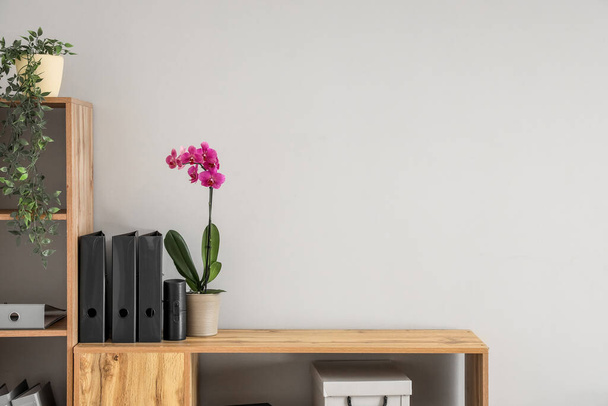 Beautiful orchid flower on shelf unit near white wall - Foto, Imagem