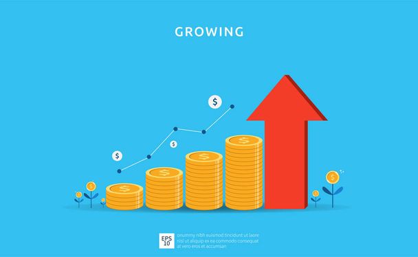 Business growth illustration for smart investment concept. Profit performance or income with pile coins symbol and arrow. Return on investment ROI - Vetor, Imagem