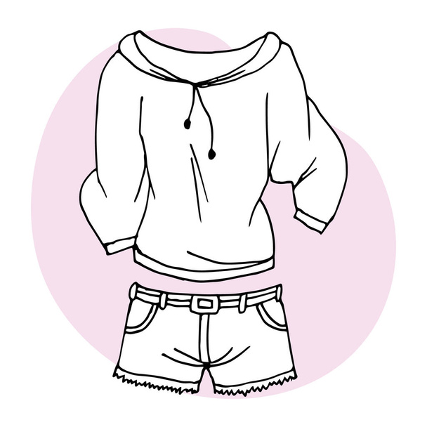 Outline drawing of women's clothing, blouse and shorts. Line drawing by hand for coloring. Print, illustration, vector - Vector, imagen