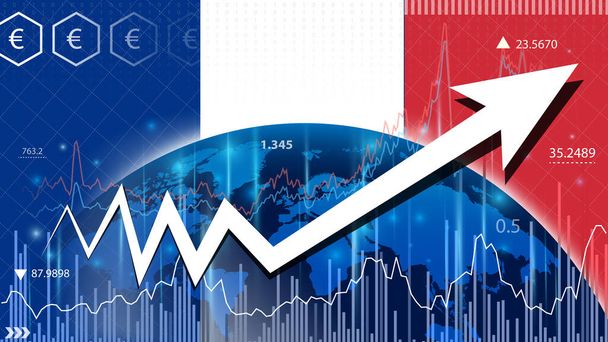 Hospodářský růst ve Francii. Hospodářská prognóza pro francouzské hospodářství. Šipka nahoru v grafu na pozadí vlajky Francie - Fotografie, Obrázek