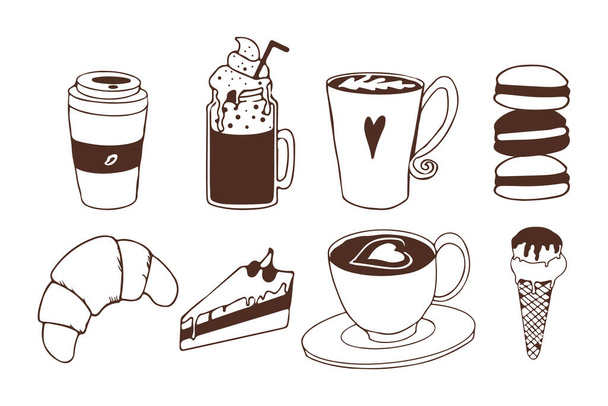 Coffee and desserts set in doodle style. Collection pastry, ice cream, sweet food and beverage. Cafe or shop elements. Vector illustration - Vettoriali, immagini