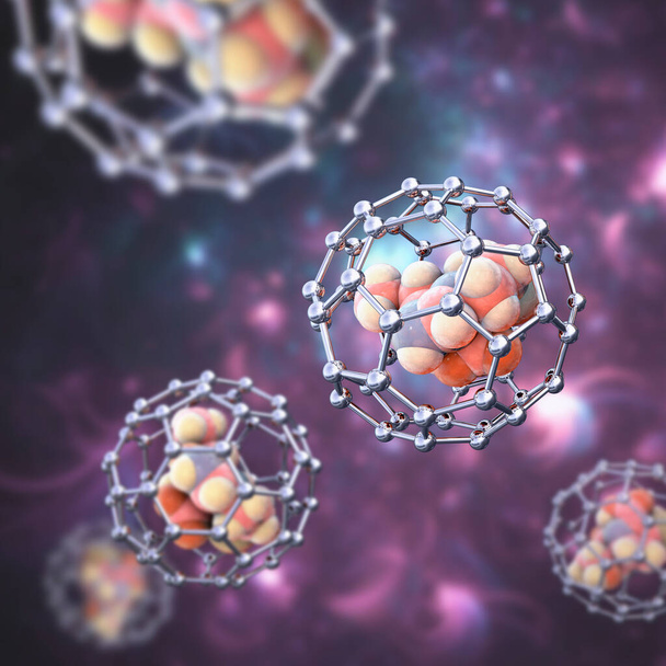 Gyógyszermolekulát tartalmazó Fullerene nanorészecskék, koncepcionális 3D illusztráció. A fullerén szén nanorészecskék, nanomolekuláris szénketrecek, amelyeket kábítószerek és képalkotó anyagok szervekhez történő szállítására használnak. - Fotó, kép