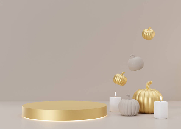 Golden podium with Halloween decoration on beige background. Halloween composition. Scene for product, cosmetic presentation. Trendy mock up. Pedestal, platform, stage for beauty product. 3D render - Valokuva, kuva