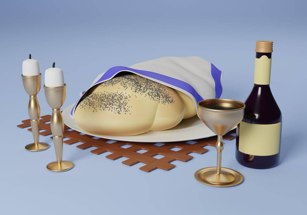 Shalom Shabbat, a Jewish holiday. Greeting card design. Shabbat table. Bread challah, two candlesticks, a bottle of wine and a glass. 3d rendering - Fotoğraf, Görsel