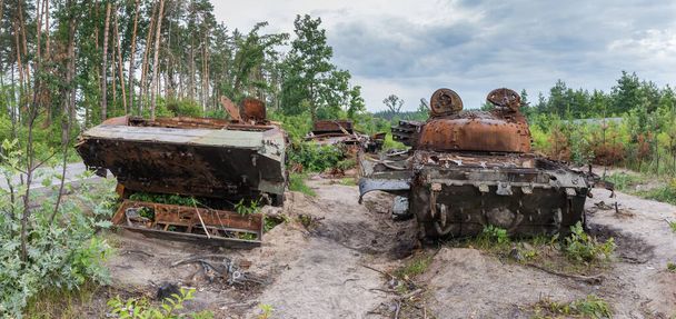 Pozůstatky ruských tanků a bojového vozidla pěchoty zničené a spálené při ruské invazi na Ukrajinu, 2022 a stojící mezi mladými stromy na okraji lesa u silnice. - Fotografie, Obrázek