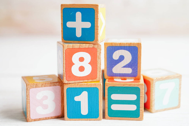 Number wood block cubes for learning Mathematic, education math concept. - Photo, Image