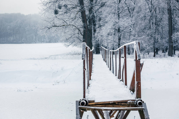 snowy footbridge across the river, winter landscape with trees and snow, frost on the trees. - Photo, image