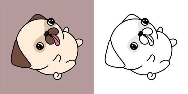 Kawaii Pug Dog Clipart Multicolored and Black and White.  Cute Kawaii Pug. Vector Illustration of a Kawaii Dog for Stickers, Prints for Clothes, Baby Shower, Coloring Pages. - ベクター画像