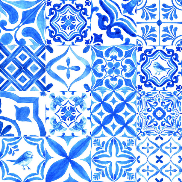 Portuguese azulejo tiles collection. Blue and white gorgeous seamless pattern. Hand painted watercolor illustration. For wallpaper, web background, print, surface texture - Foto, Imagem