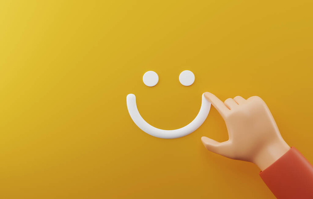 Hand writing happy face icon on yellow background. Positive Mental Health Assessment Score satisfaction from good customer feedback reviews. 3D render illustration - Fotoğraf, Görsel