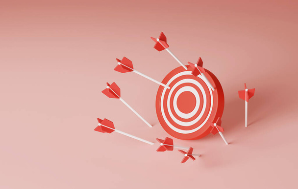 Several unsuccessful attempts at a red arrow that missed the target on a light red background. Failure in attempts to achieve goals. 3d render illustration - Foto, Imagem