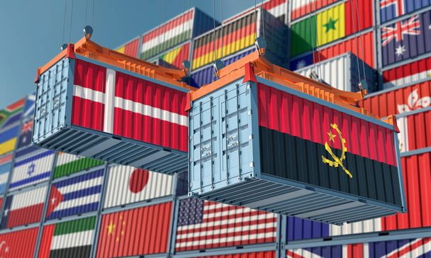 Cargo containers with Angola and Denmark national flags. 3D Rendering - Photo, image