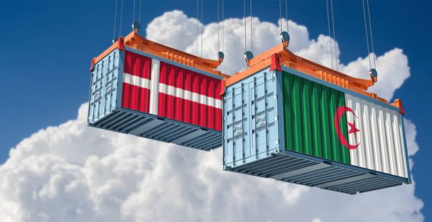 Vrachtcontainers met nationale vlaggen van Algerije en Denemarken. 3D-weergave - Foto, afbeelding