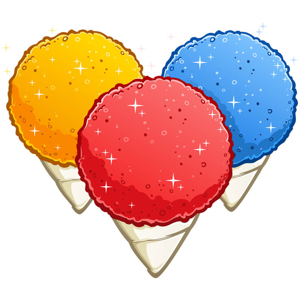 A trio of red cherry, blue raspberry and yellow lemon snow cone frozen desserts cartoon vector illustration - Διάνυσμα, εικόνα