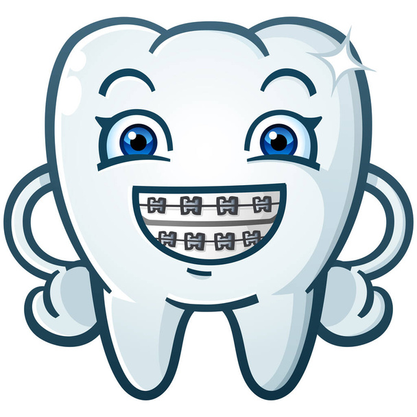 Tooth Cartoon Character Straightening Out Teeth with a Clean new set of Metal Orthodontic Braces - Vektör, Görsel