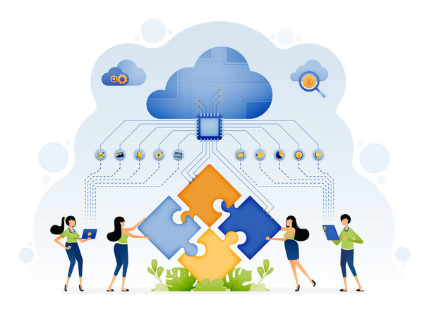 Illustration of people assisted by artificial intelligence solve puzzle problems with machine learning in cloud databases. Design can be for landing page website banner mobile app web social media ads - ベクター画像