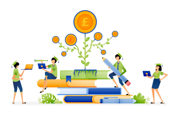 Návrh ziskového investičního vzdělávání v budoucnosti. hromada knih s rostoucími rostlinami a vydělávat peníze. Ilustrace na úvodní stránce plakát plakát plakát mobilní aplikace web sociální média brožura reklamy atd - Vektor, obrázek