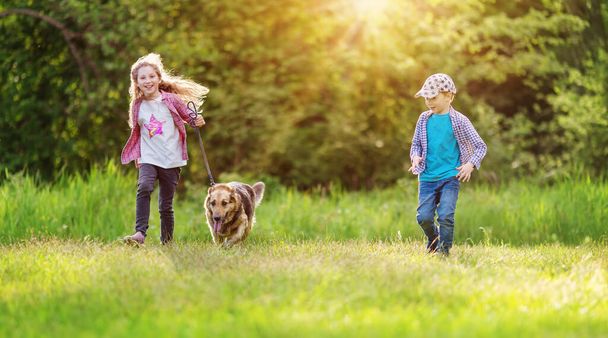 Children walking with a dog in nature. Boy and girl with a pet outdoors in summer - Foto, afbeelding