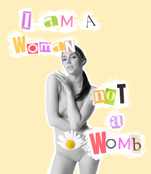 Contemporary art collage. Conceptual image of feminism. Woman posing over yellow background. Equality of gender. Concept of womens heath care, medicine, treatment, lifestyle, freedom of choice - Foto, Bild