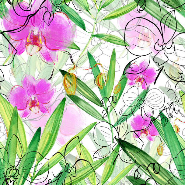 seamless pattern with flowers, leaves, watercolor, illustration - Foto, Imagen