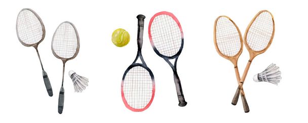 Tennis racket en bal, uitrusting voor badminton spel sport. Aquarelillustratie - Foto, afbeelding