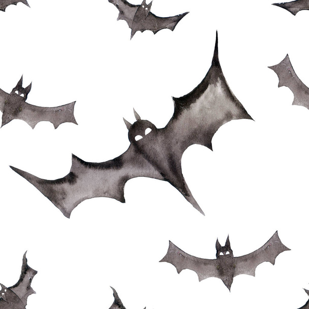 Seamless pattern with bats. Hand drawn background for Halloween party. Ink illustration. Watercolor animals ornament for wrapping paper. - Photo, Image
