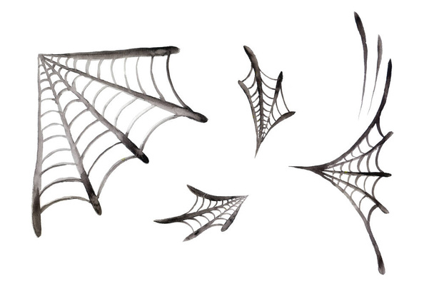 Ακουαρέλα συλλογή μαύρη αράχνη και web. Τρομακτικό αραχνιά εικονογράφηση που απομονώνονται σε λευκό φόντο, Απόκριες σκηνικά στοιχεία - Φωτογραφία, εικόνα
