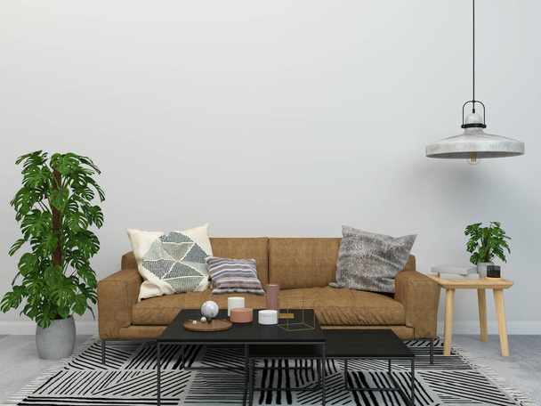 sofa furniture in modern interior background, living room, Scandinavian style, 3D render, 3D illustration - Фото, изображение