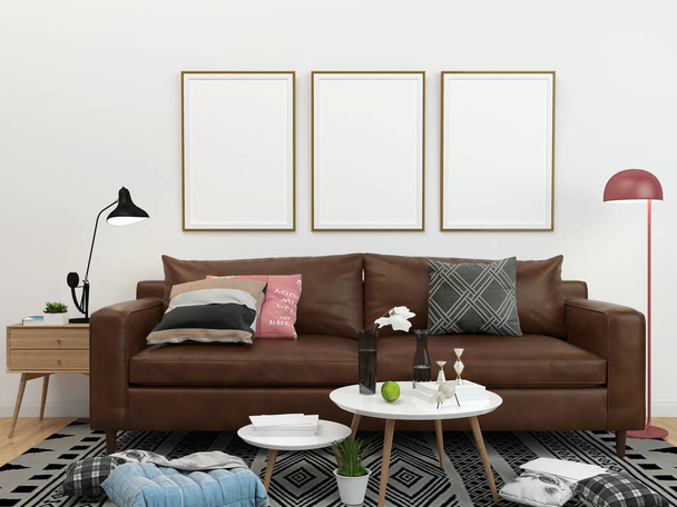 pohovka nábytek v moderním interiéru, obývací pokoj, skandinávský styl, 3D vykreslení, 3D ilustrace - Fotografie, Obrázek