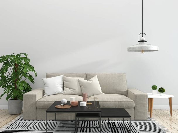 bank meubels in moderne interieur achtergrond, woonkamer, Scandinavische stijl, 3D render, 3D illustratie - Foto, afbeelding