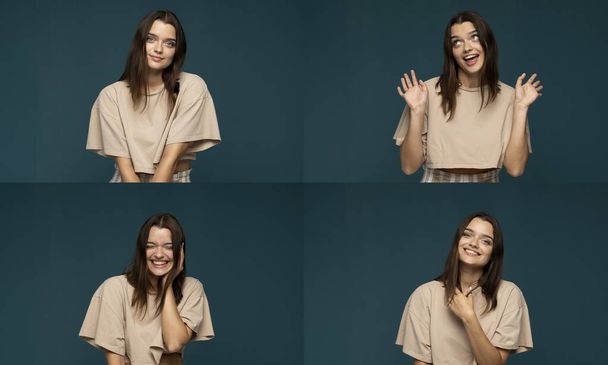 Set of young girl posing with many different facial expressions on blue background. Collage with emotions - Valokuva, kuva