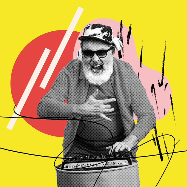 Cool dj. Stylish emotional senior man over bright yellow background. Collage in magazine style. Surrealism, art, creativity, fashion and retro style concept. Old men like young people in modern life - Photo, Image