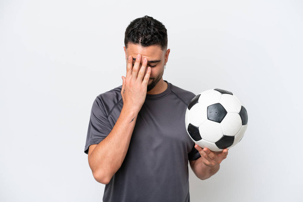 Arab young football player man isolated on white background with tired and sick expression - Fotó, kép