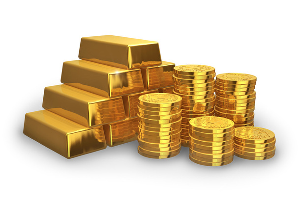 Stacks of golden ingots and coins - Fotoğraf, Görsel