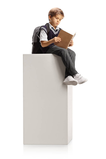 Schoolboy sitting on a tall white column and reading a book isolated on white background - Fotografie, Obrázek